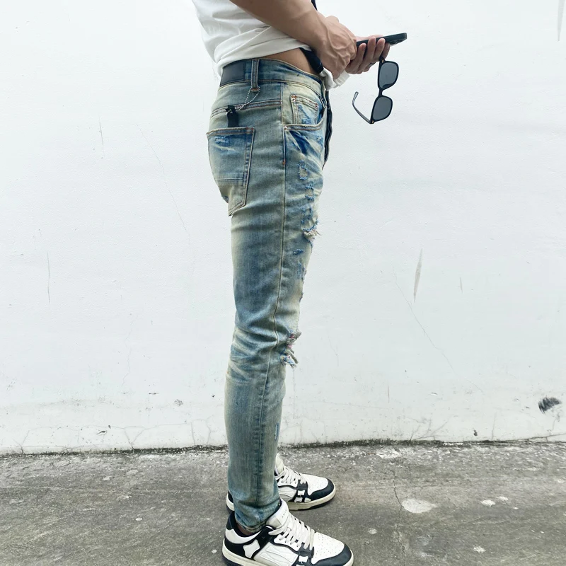 

Hobredesigner high street fashion light blue jeans stretch slim fit washed jeans red patch hip-hop brand pants Hombre