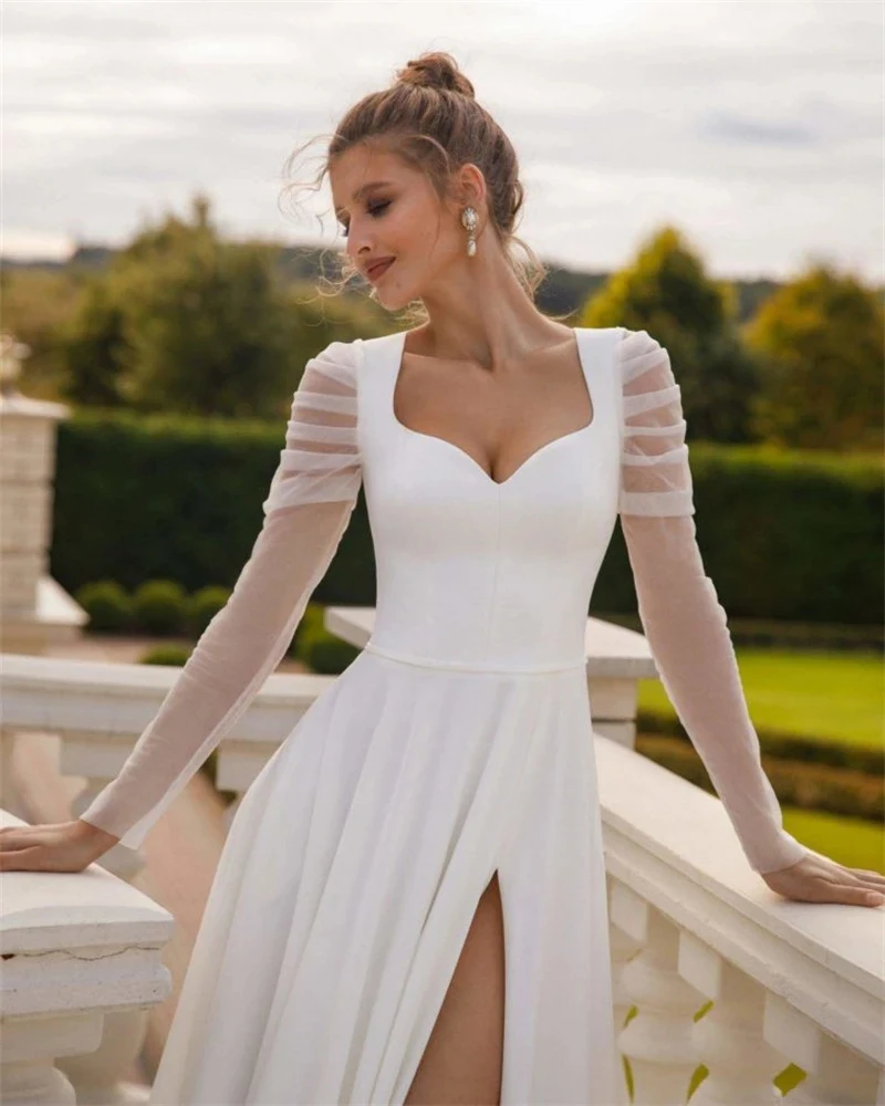 Hermoso vestido de novia de manga larga con abertura de sirena, elegante vestido de novia de satén con cuello de corazón, vestidos de novia blancos divididos Sexy