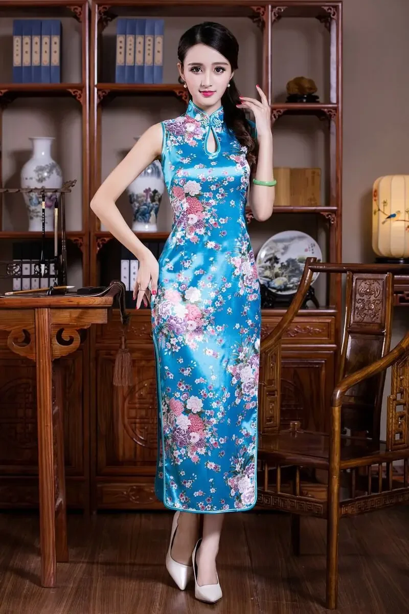 Red Summer Long Cheongsam Traditional Chinese Style Women Rayon Dress Elegant Lady Print Slim Banquet Qipao Novelty Gown Vestido