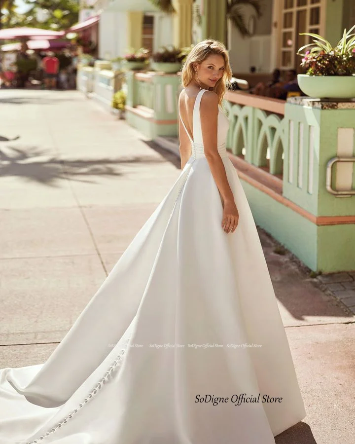 SoDigne A-line Satin Simple Wedding Dresses V-neck Sleeveless Bridal Dress 2024 Elegant Long Bride Gown vestidos de novia