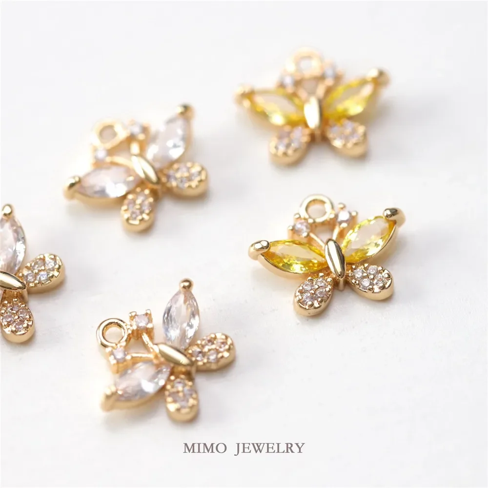 Color-preserving copper plated gold micro-inlaid zircon exquisite yellow and white butterfly pendant DIY hand accessories