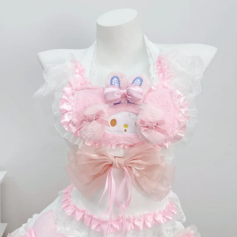 Pink and White Melody Sweet and Spicy Hanging Neck Set for Girls Lolita Lace Cake Short Skirt Soft Girl Cute Two Piece Set view 4