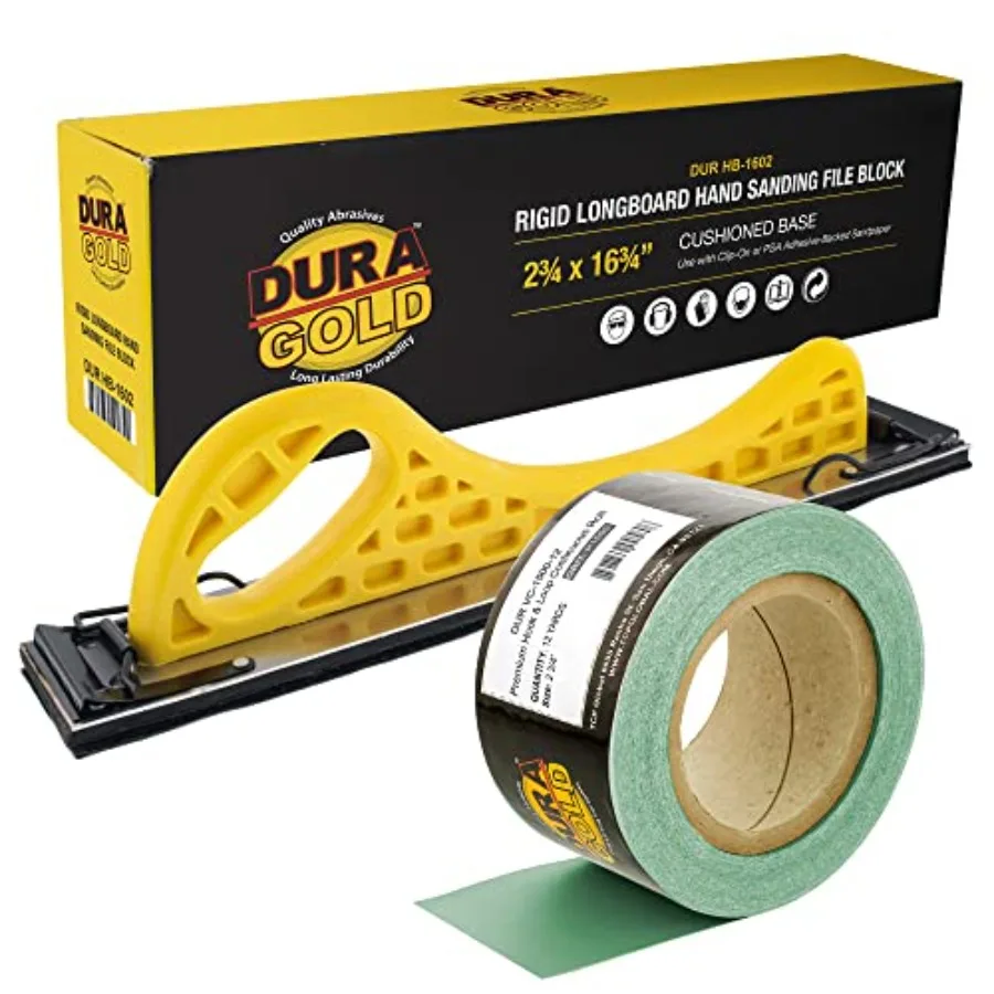 

Dura-Gold Pro Series Longboard Hand Sanding File Sander Block - Hook and Loop Backing and PSA Adapter Pad and 1500 Grit Green S