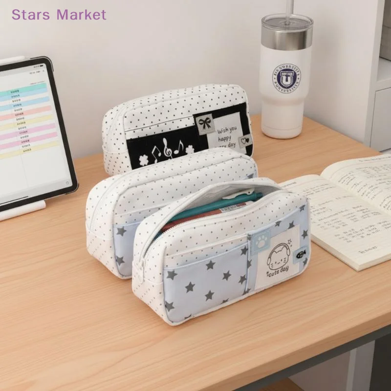 New Cute Cartoon Polka Dot Cat Pencil Case Large Capacity Multi Pocket For School Students Stationery Storage Bag