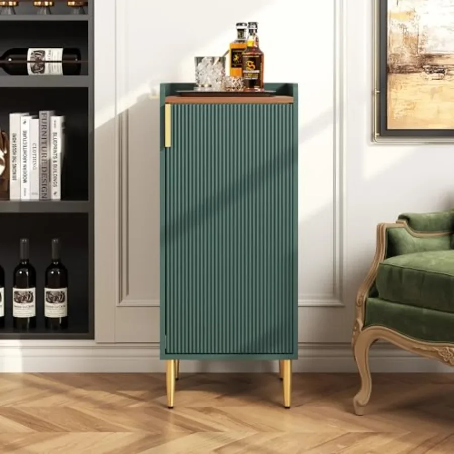 Mini Bar Cabinet for Apartment, Fluted Wine Bar Cart with Wine Racks and Wine Glass Holder, Modern Corner Liquor Cabinet for Li