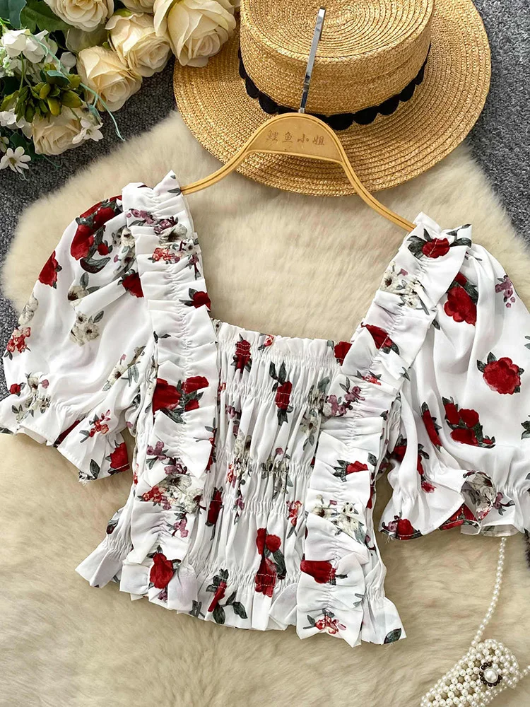 

Sweet Waist Cinching Short T-shirt For Women Summer Square Neck Versatile Bubble Sleeve Floral Tees Chic Elastic Pleats Slim Top