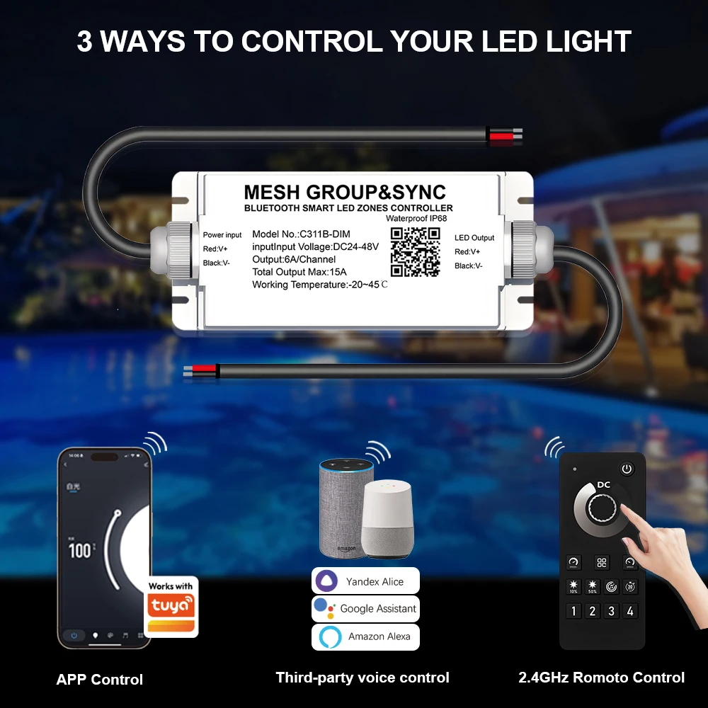 IP68 Waterproof Bluetooth Sync Tuya Smart APP 4 Zone Remote Speaker Control Swimming Pool Project 1-5Pin Controller DC24/48V