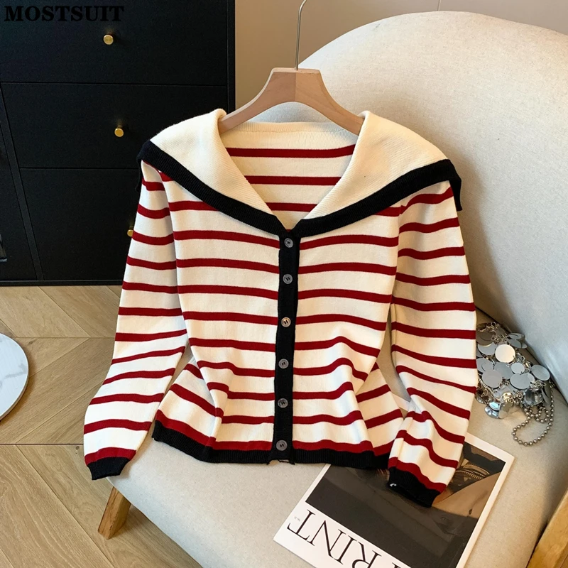 

Korean Striped Knit Cardigan Sweater Women Autumn Winter Fashion Loose Ladies Knitwear Tops Long Sleeve Sailor Collar Jumpers