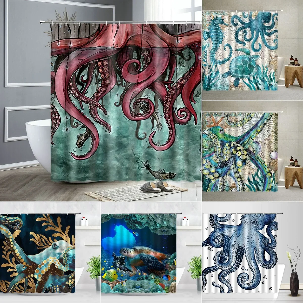 Funny Animals Shower Curtain Personality Octopus Print Bathroom Curtains Waterproof Fabric Home Decor Bathtub Screens with Hooks