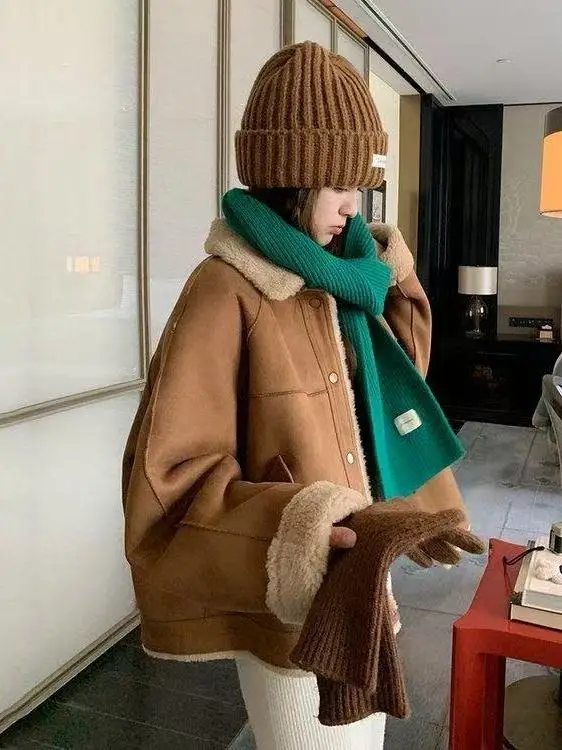 Thiened Lammfelljacke für Damen: Leder- und Fellintegrierte Frühlingsjacke, Neu, Kleine Größe, Wärmend, Retro-Stil, Gerade Passform