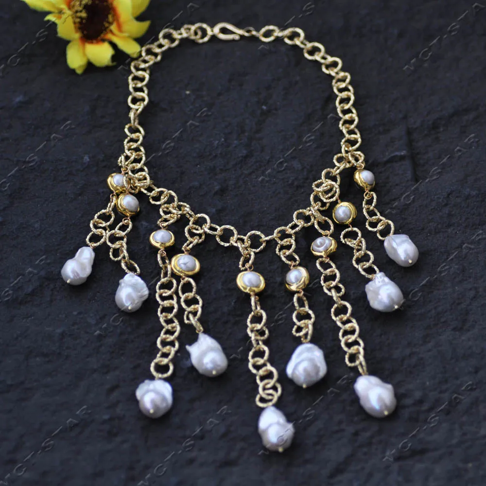 Z14601 17" 26mm White Baroque Teardrop Reborn KESHI Pearl Chain Tassel Necklace Pendant