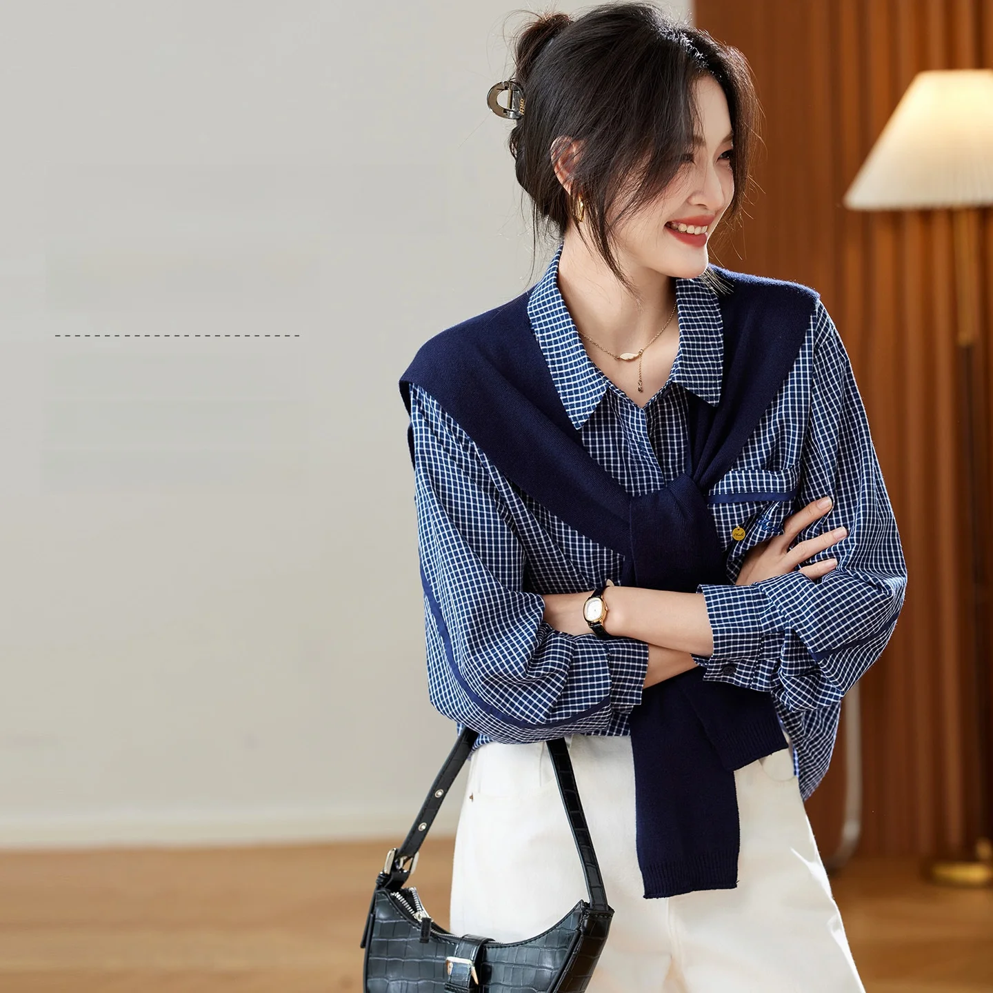 

Cotton on Plaid irt Women's Sle Two-Way Wear College Trend Small Size irt oulder Sve Long Commute Sle