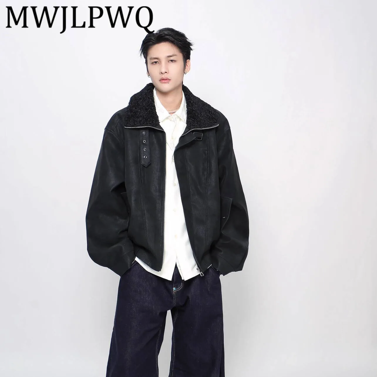 

MWJLPWQ American Style High-End Washed Vintage PU Leather Jacket Men's Casual Chic Turn-Down Collar Casual Tops New Autumn 21180