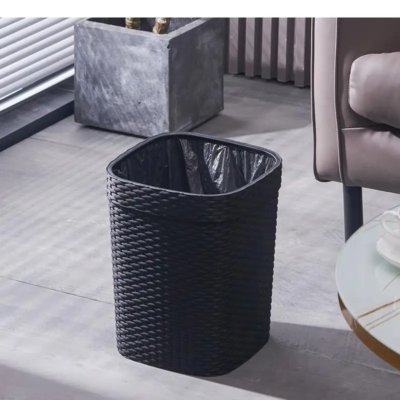 

Black Square Plastic Trash Can Rattan Pattern Garbage Bin Garbage Storage Basket Without Cover Wastebasket Waste Bins Trash Bin