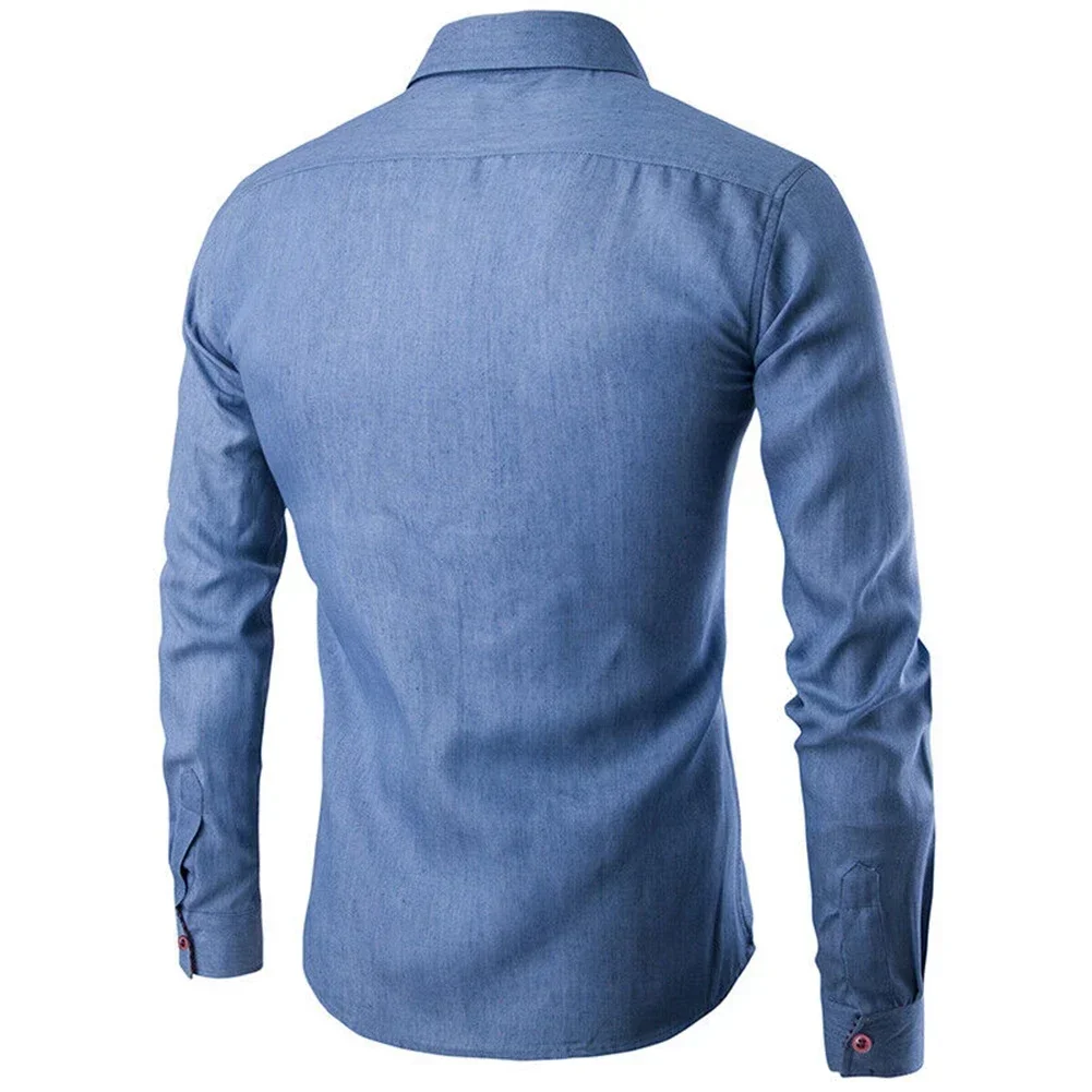 Autumn Mens Pocket Panel Long Sleeve Shirt Jean Versatile Slim Fit Shirt Dress Shirts Cotton Linen Blouse Button Down Casual Top