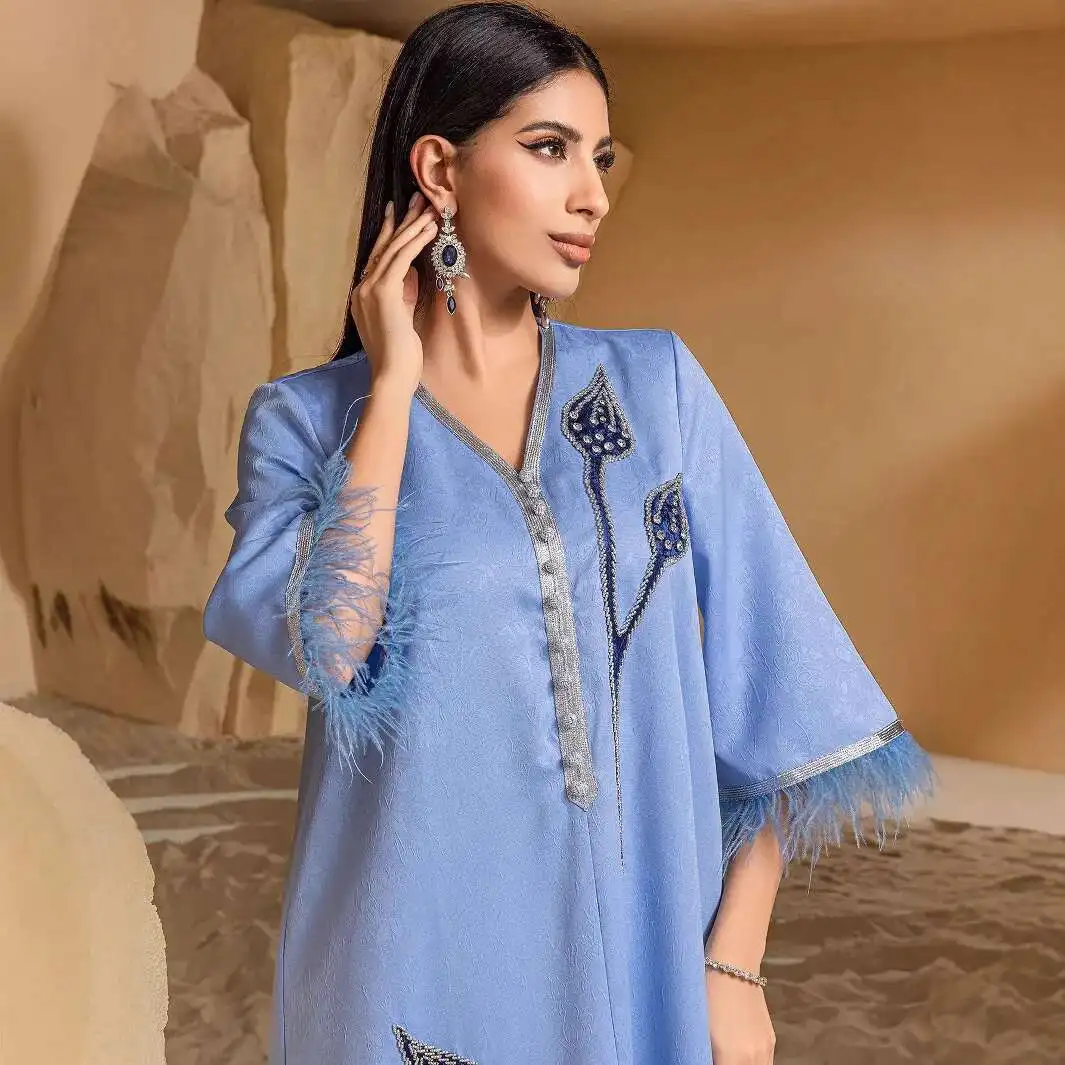 Ba3025 femmes brodé argent plume garniture Robe Jalibaya Robe longue Robe Abaya Ramadan dubaï luxe Islam élégant