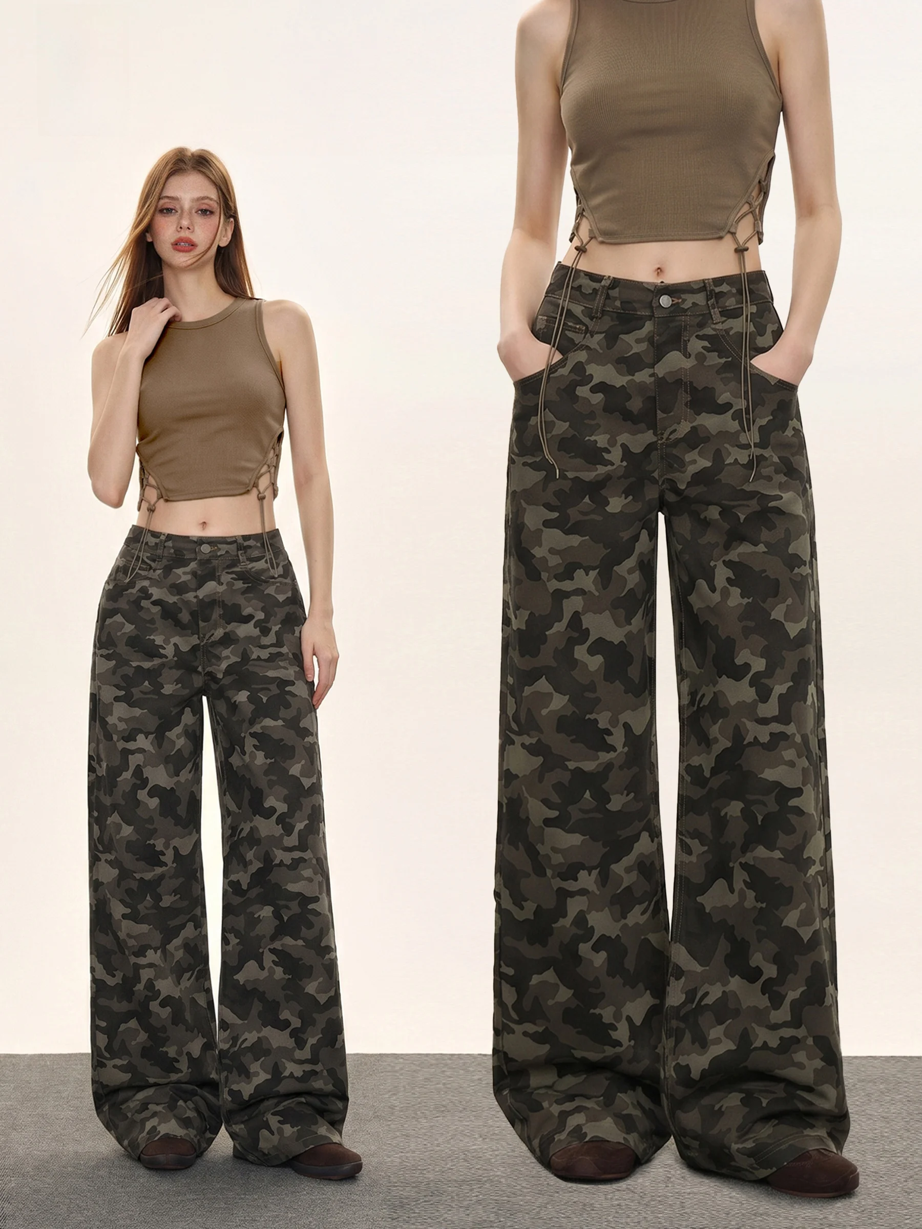 

High Waist Wide Leg Camouflage Pants Women's Summer Trendy Loose Workwear Drapey Casual Straight Knife Pants November