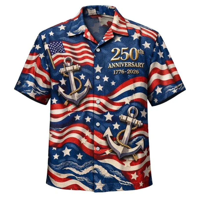 

God Bless America 250 Year Hawaiian Shirt For Men 3D Print Eagle Flag Cross Short Sleeve Tops Summer Blouses Loose Aloha Shirts