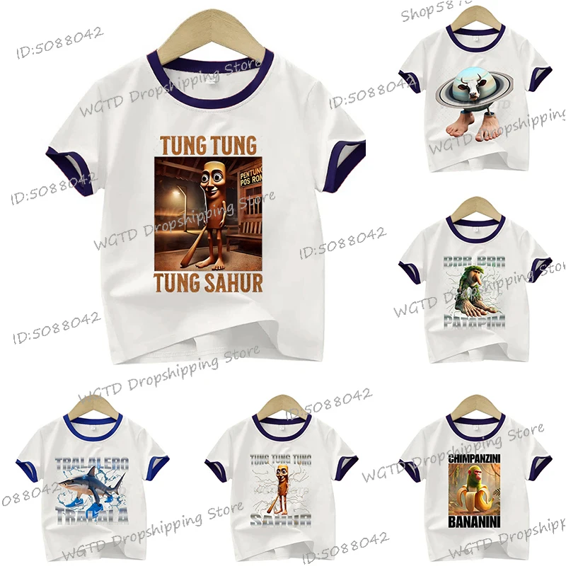 

Tung Tung Tung Sahur Italian Brainrot Funny Meme T-shirt Children's Clothing Fashion Humor T Shirts Summer 100% Cotton Kids Tops