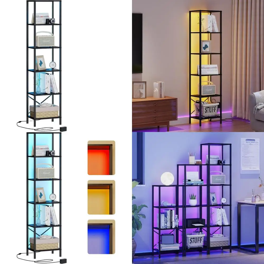 

6-Tier Tall Slim Bookcase with LED Lights, Steel Framed Storage Shelf for Home, Office, and Balcony, Black