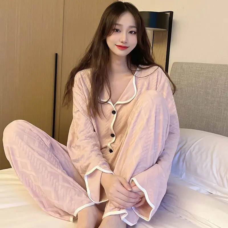 Ruffles Sleepwear Women Pajama Sets Autumn Piiama Solid Color Pants Sets for Women 2 Pieces Home Suit Button Korean Night Wears