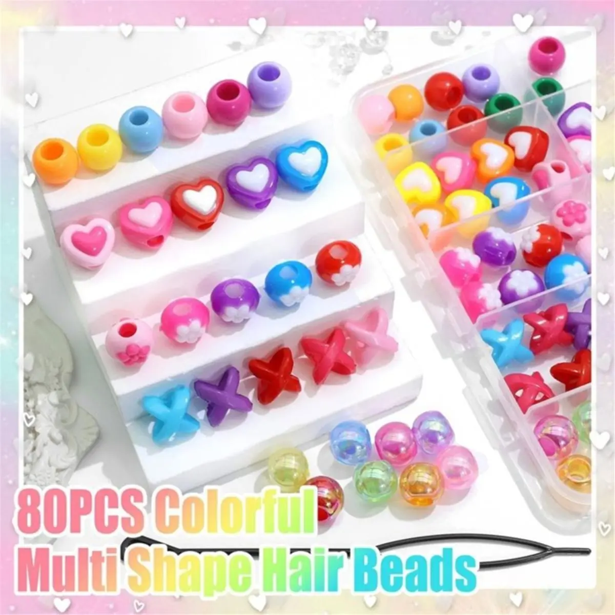 80PCS Colorful Braid Bead Cute Heart Flower Beads for Hair Braid Kids Bead Set Loc Dreadlock Accessories for Girls