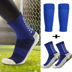 2 Pairs Set Men Grip Soccer Socks And Knee Pads Calf Sleeves Adult Youth Non Slip Leg Shin Guards