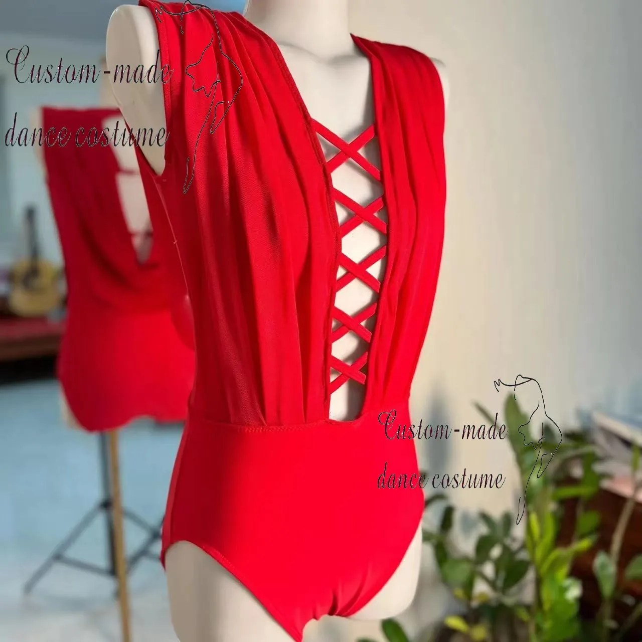 

Women's Red Sequin Criss-Cross Dance Leotard with Detachable Sleeves for Performance