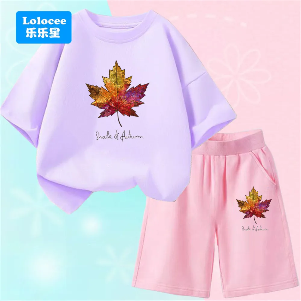Комплект одежды Lolocee для девочек, топ с короткими рукавами и шорты с принтом кленового листа, комплект из 2 предметов, модный и удобный комплект детской одежды FY1