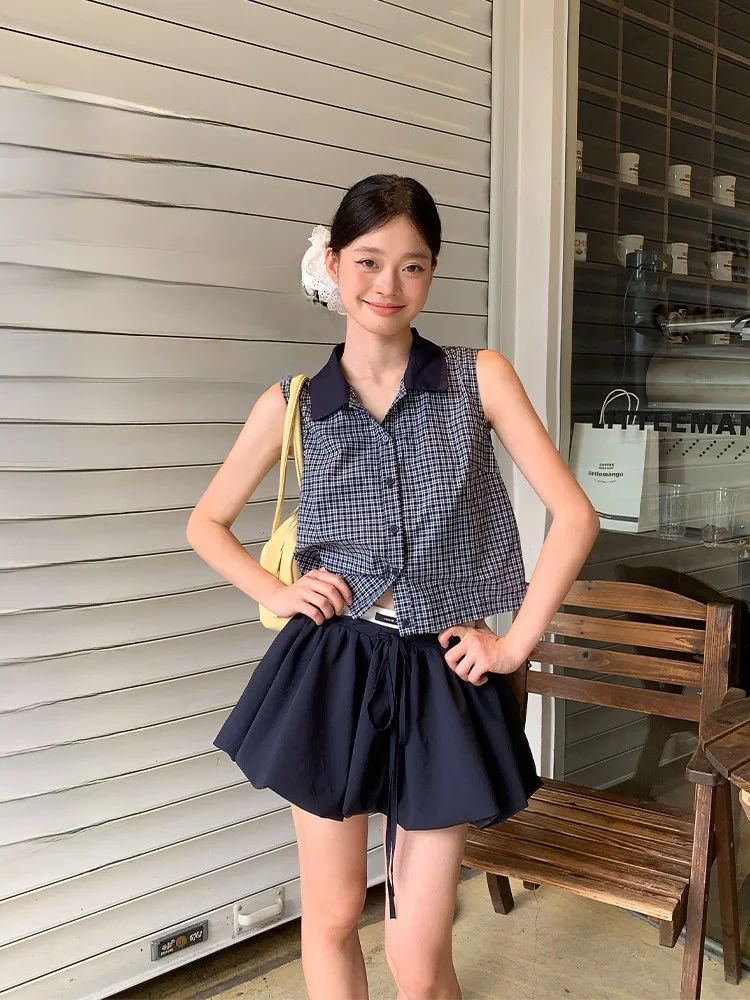 

Blue Plaid ort Svel Slim Fit irt для женщин от Song Zhengen Summer New Sle Button Design Корейский Sle Commute irt