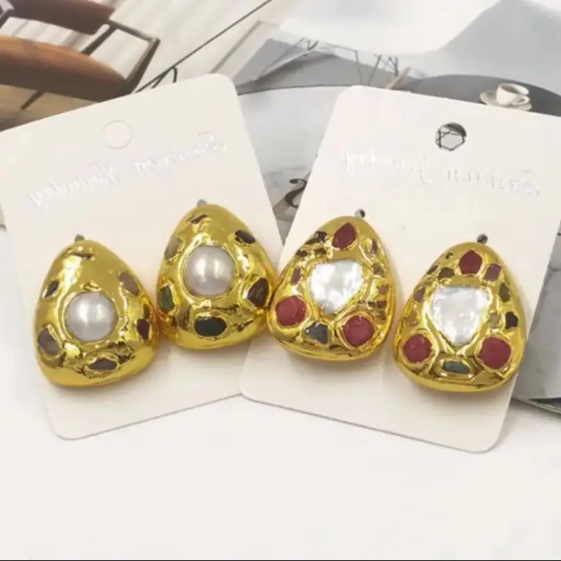 

WT-MPE165 Цветной турмалин и ракушка в форме капли воды, латунные большие серьги с откидной спинкой для аксессуаров для коктейльной вечеринки