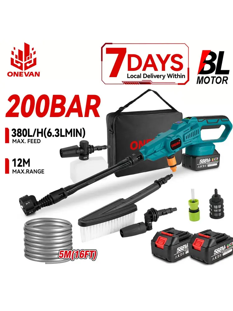 ONEVAN 200Bar Borstelloze Hogedruk Elektrische Wasmachine Pistool 6IN1 Draadloze Spuitpistool Tuin Water Gereedschap Voor Makita Batterij Pin - afbeelding 2