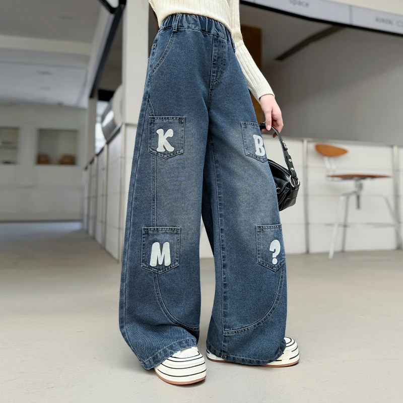 New Arrival Children Gothic Harajuku y2k Multi-Pocket Washed Blue Jeans Girl Fall Loose Denim Pants Kids Street Hip Hop Trousers