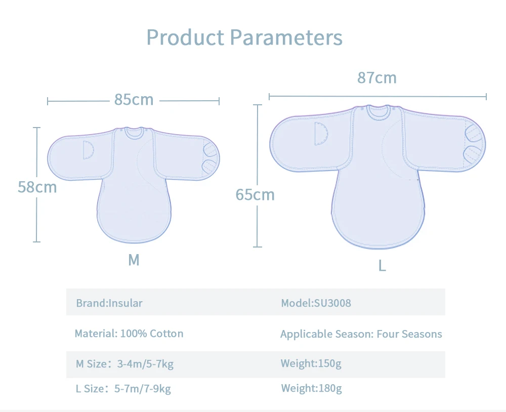 Anti-choque duplo zíper saco de dormir para bebê recém-nascido, levantada mão Swaddle cobertor, algodão sleepsacks