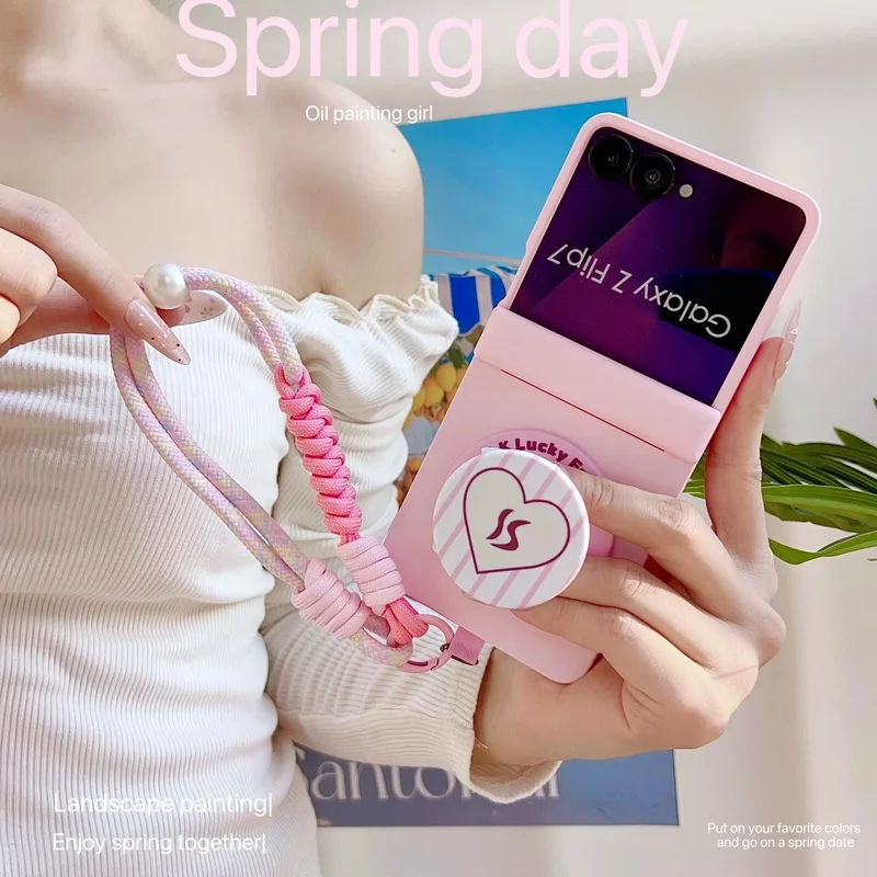 Ins Cute Candy Colors Dual Phone Case for Samsung Z Flip7 Zflip6 5 Cover With Central Axis Heart Magnetic Bracket Portable Rope