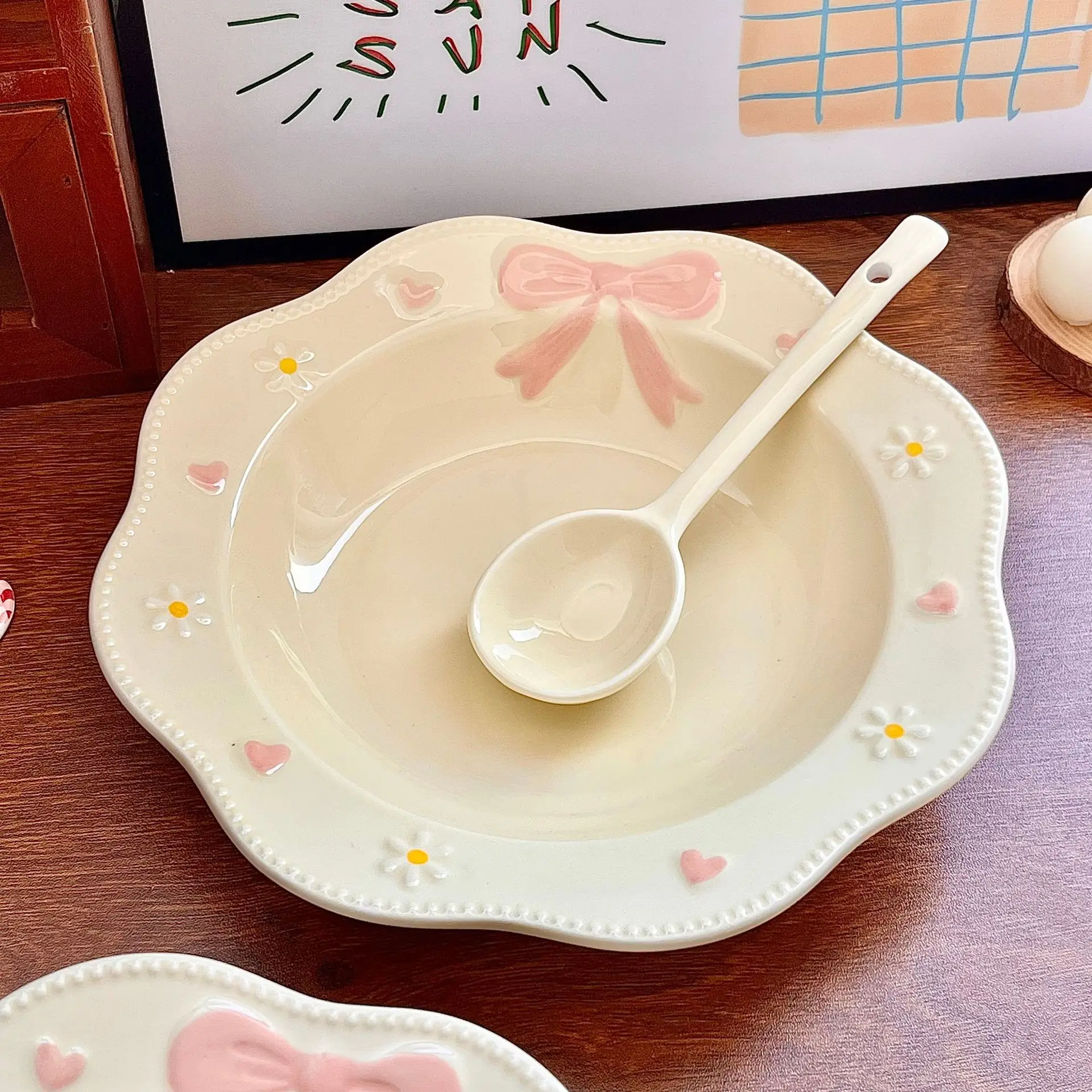 Retro French High-value Relief Bow Household One Person Food Underglaze Color Plate Soup Bowl Rice Bowl Tableware Set