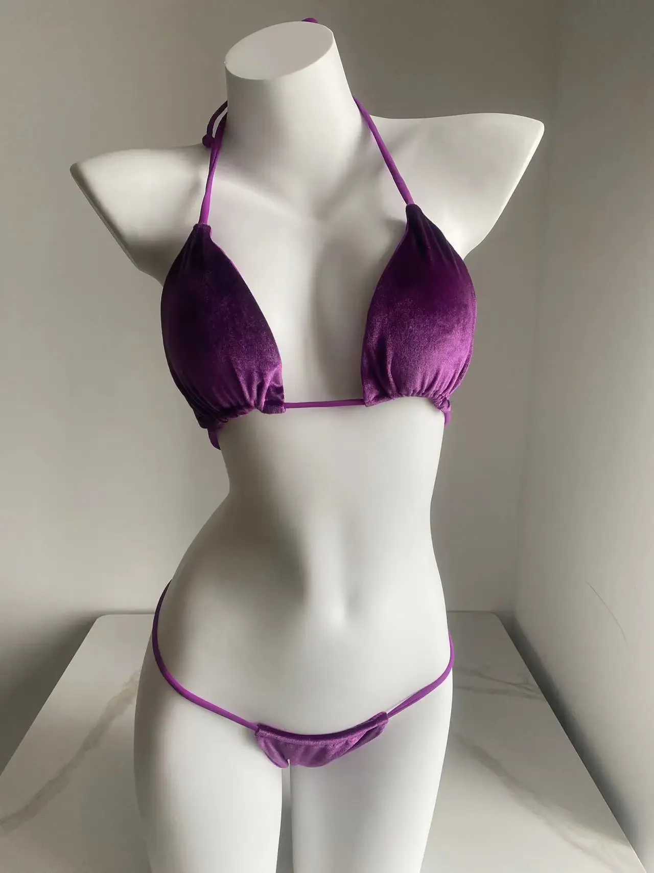 

Purple Swimsuit Bikinis Micro Thongs Women Triangle Swimwear Velvet Swimsuit Bandage Bathing Suits Brailian Biquini