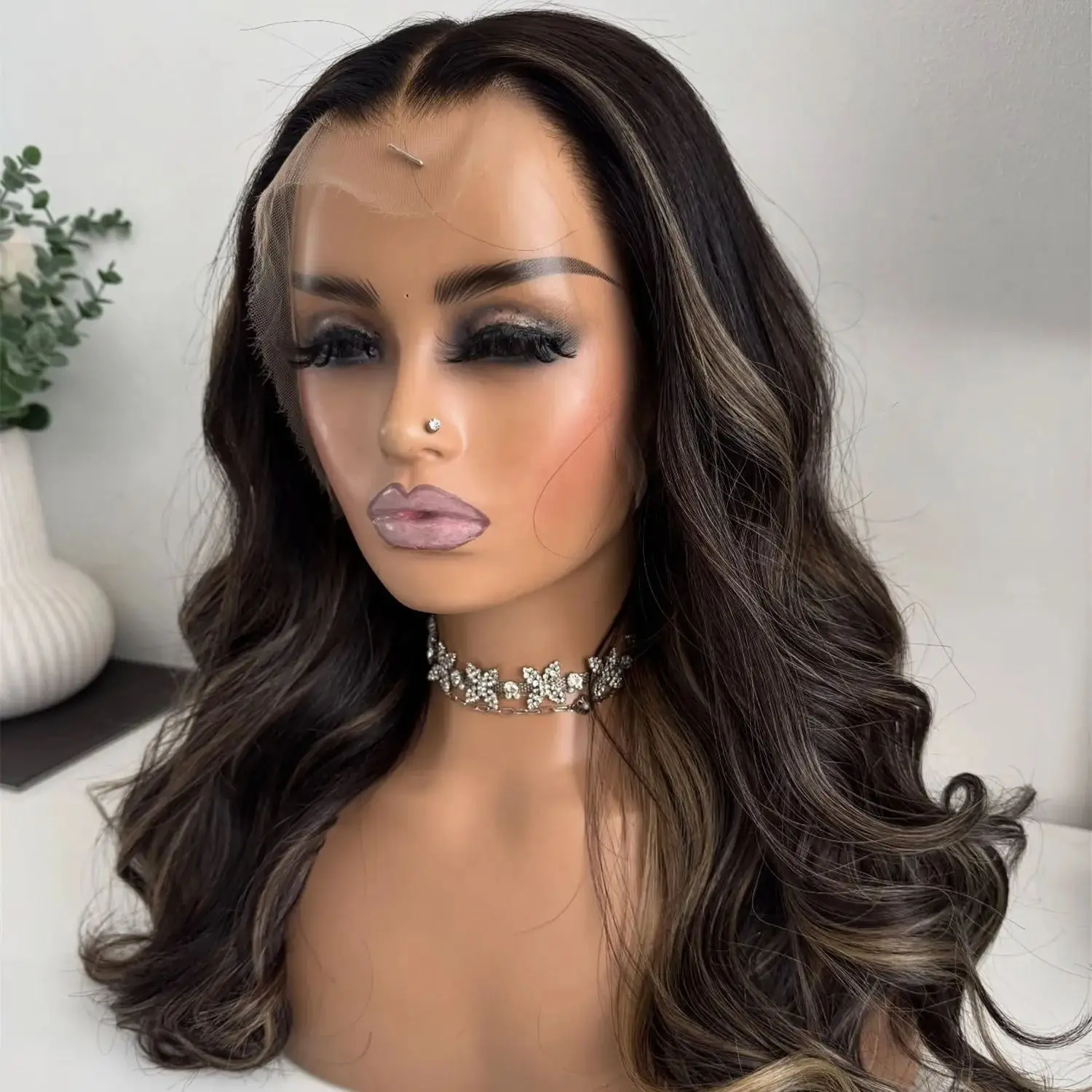 

Новый парик из синтетического волокна длиной до плеч с кружевной вставкой, темно-коричневый, 150% плотность, термостойкий, с естественной волной, 18 дюймов