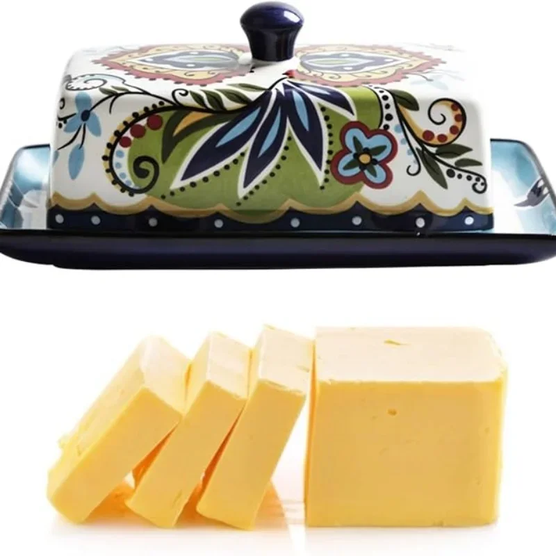 Hand Drawn Ceramic Butter Dish with Lid Farmhouse Butter Plate Tray with Cover, Vintage Cheese Container Holder for Kitchen