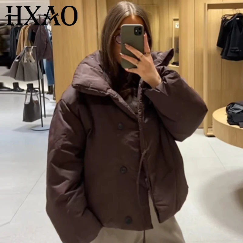 

HXAO коричневые укороченные стеганые куртки женская куртка зимняя стеганая куртка свободного кроя на шнуровке с высоким воротом элегантная утепленная куртка-бомбер