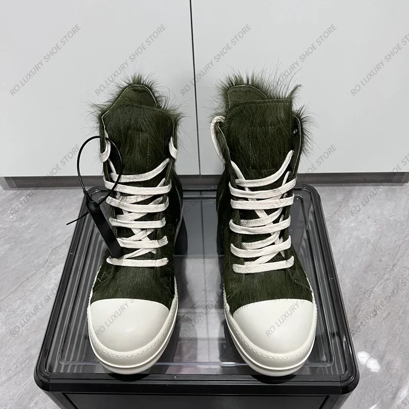 brand casual men boots horse fur leather women sneakers green high top quality designer fashion thick-sole flat shoe