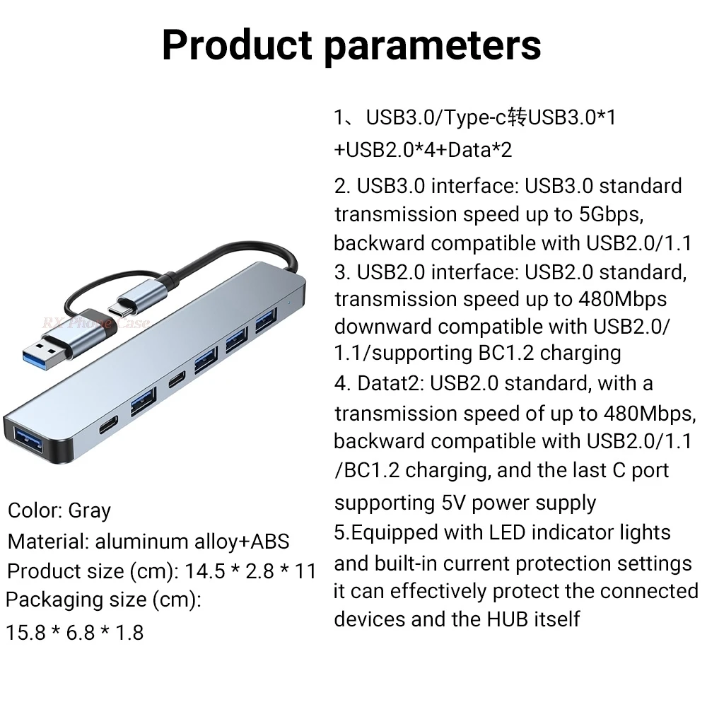 8 Ports USB C HUB USB A TYPE-C HUB Concentrator USB C Docking Station 5Gbps Multi Adapter SD TF Card Reader For MacBook Air PC