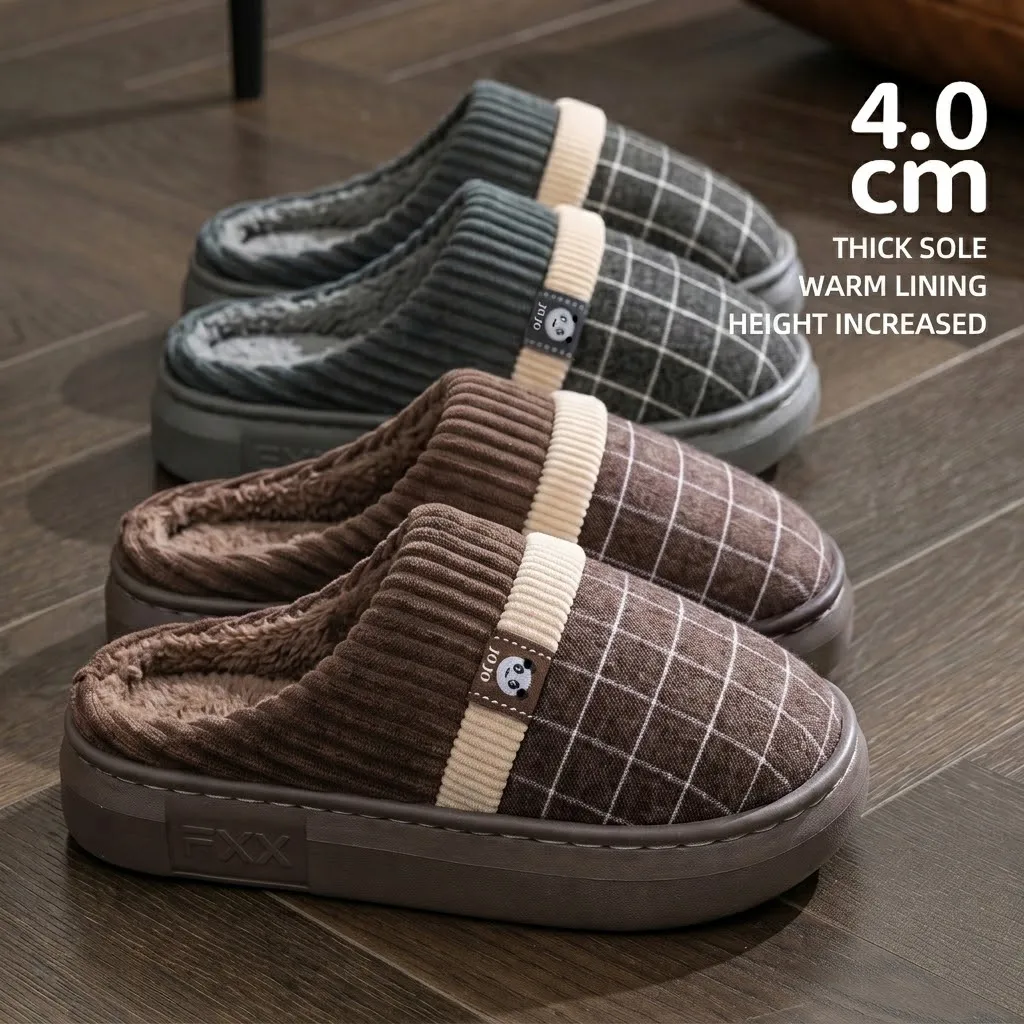 Men Winter Warm Slippers Plaid Design Upgraded Thick Plush Sole House Shoes Indoor Fuzzy Comfortable Anti-Skid Cotton Clogs