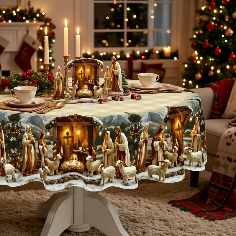 Christmas Tablecloth Winter Wonderland Santa Snowmen Reindeer Nativity Holiday Dinner Party Seasonal Dining Decoration, Round