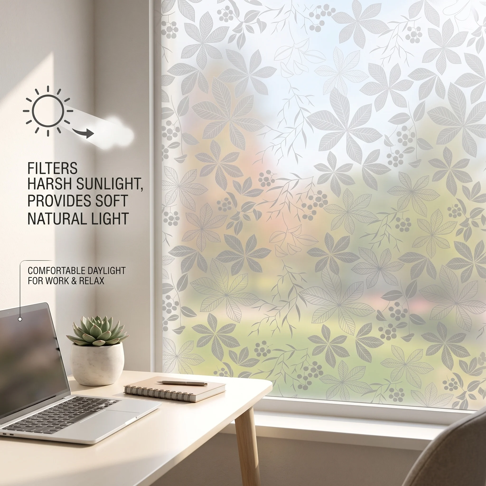 Leaf Berry Pattern Privacy Window Film Self-Adhesive Opaque Frosted Glass Sticker for Home Bathroom Kitchen Office Anti-UV