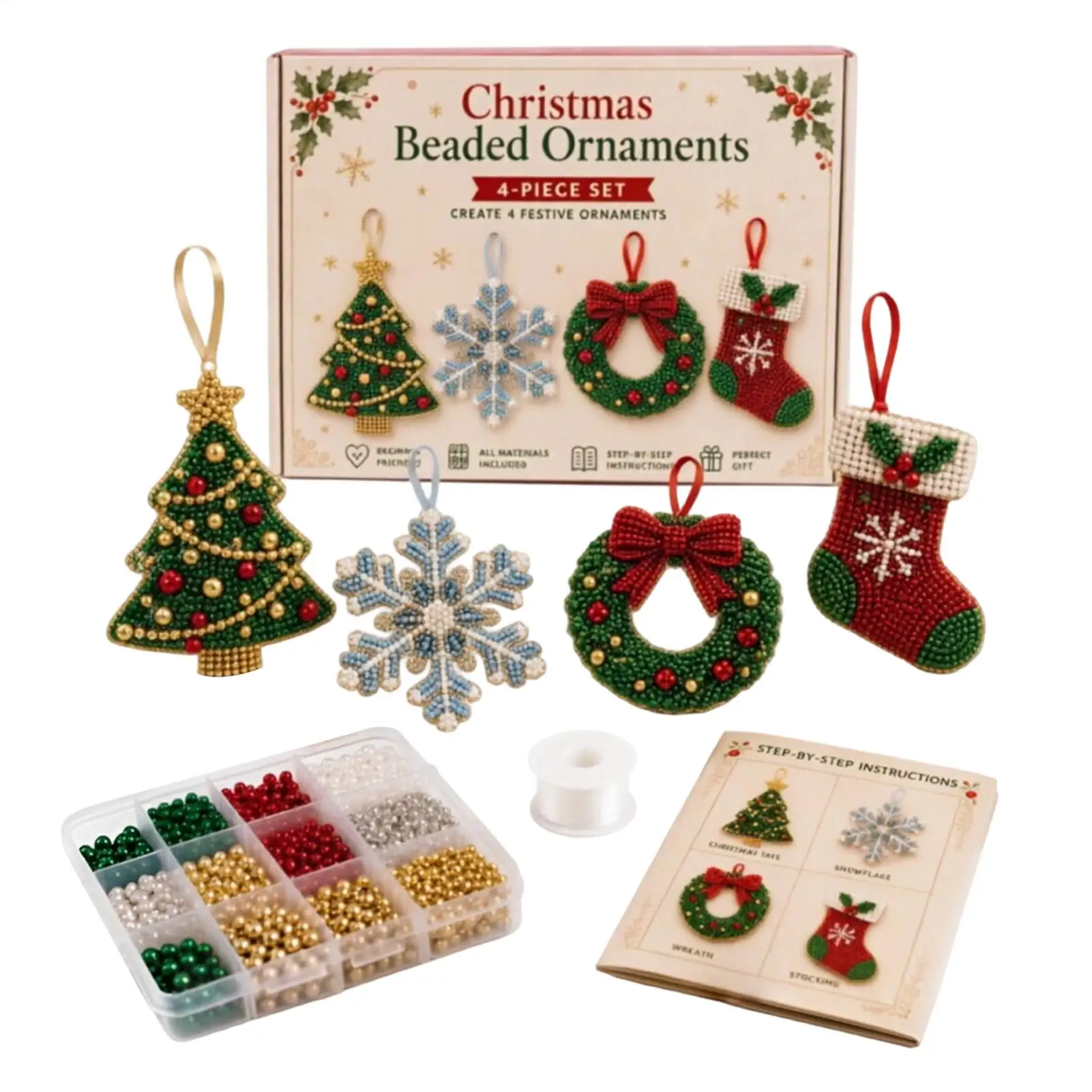 4-Piece Set Christmas Beaded Ornaments Kit Christmas Themed Snowflake Design Beading DIY Kit Wreath Design Beginner Friendly