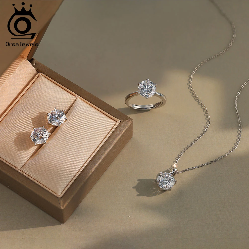 

ORSA JEWELS Real 8A Zircon Jewelry Set Necklace Earrings 925 Sterling Silver Shiny Cubic Zirconia Set Women Wedding Party LZE07