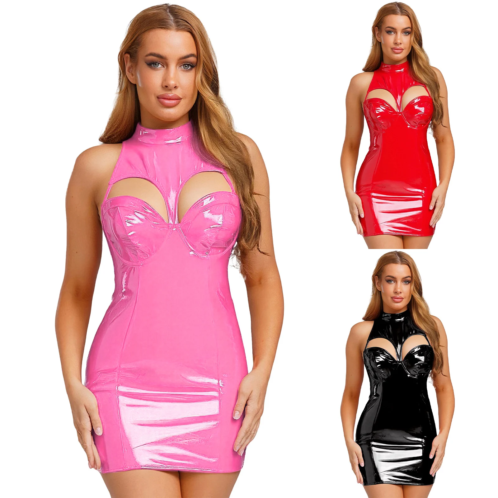 Minivestido de cuero PU con aspecto mojado para mujer, cuello simulado, sin mangas, sujetador push-up calado, vestido ajustado de tubo, ropa para fiesta de Raves
