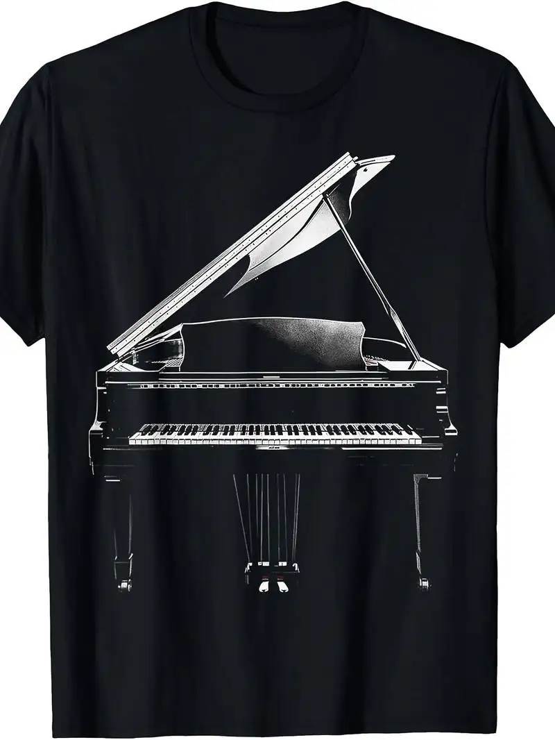 Men Vintage Grand Piano T-Shirt, Music And Piano Key Crew Neck Tee, Slight Stretch, Casual Wear For Musicians, Machine Washable