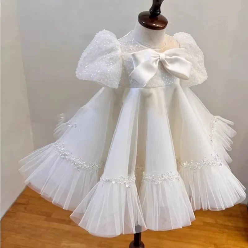 2025 vestido tutú blanco brillante de gama alta, traje de fiesta de boda para niña con flores de cumpleaños, vestido de princesa de estilo coreano para niñas